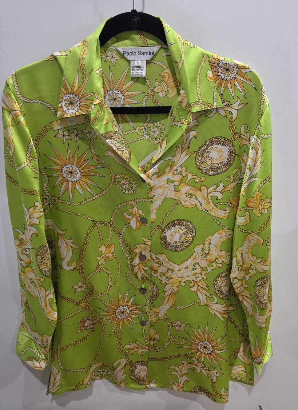 Paolo Santini Size 12 vintage Lime Green 100 Silk Printed Buttin Down.